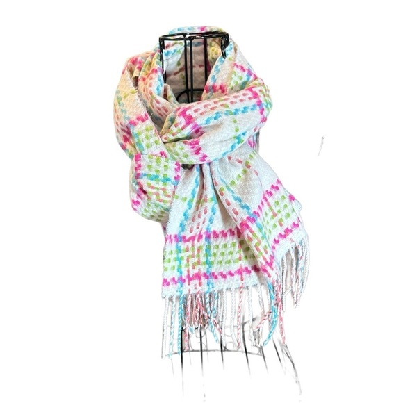 Cashmere Plaid Rainbow Candy Colorful Boho Rectangular Plaid Fringe Scarf - Picture 1 of 8